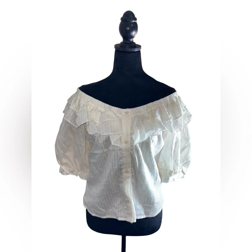 Mauve by Anthropologie Ruffle-Neck Puff-Sleeved Off the Shoulder in Ivory Sz XS